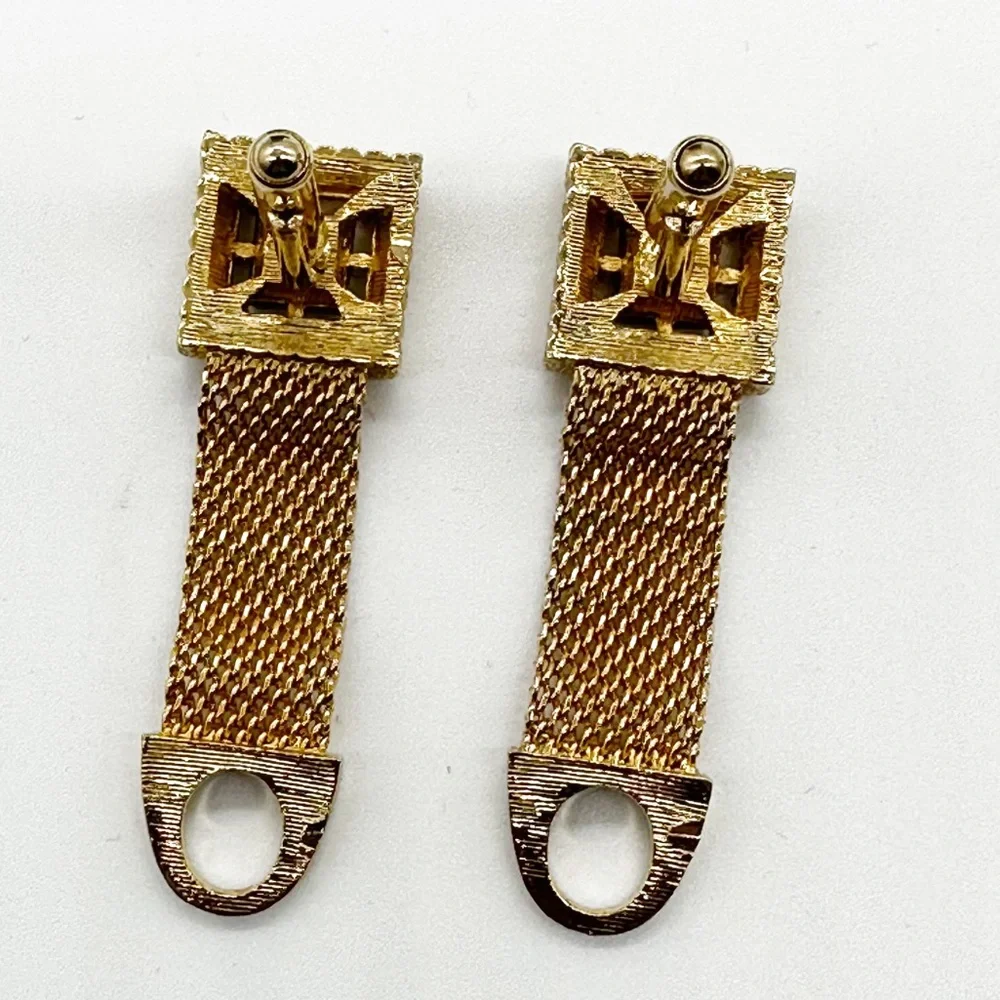 Vintage Swank Gold Tone Mesh Tiger’s Eye Square Cufflinks & Tie Tack Set IOB